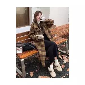 템퍼티샵 여성 강황색 체크 모직 코트 겨울 하프 SOH4