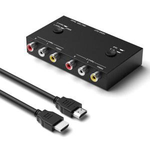 [미국배송] WII/N64/PS1/PS2/PS3/VHS/VCR/DVD 플레이어 등을 위한 RUIPUO 2 포트 RCA/AV-HDMI 변환 어댑터 16:9/4:3 지원(HDMI 출력 1개에 AV 2개 포함)