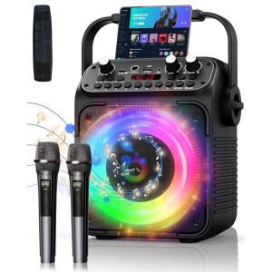 [미국배송] 성인용 노래방 기계 무선 마이크 2개 포함 휴대용 40W 스피커 DSP 에코/리버브/EQ 7개의 LED 조명 TWS 노래 기계 노래방 파티 및 야외용 USB/TF/AUX