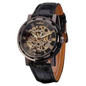 남성용 레트로 미니멀리스트 기계식 손목시계 가죽 스트랩 로마 숫자 투명 다이얼 스켈레톤 시계