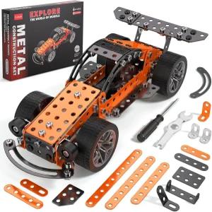 AIGIMU 메탈 빌딩 세트 경주용 자동차 제작 키트 바퀴가 달린 교육용 STEM 장난감 주황색 및 검은색