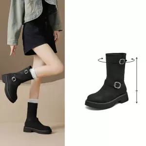 XZXKBKZTX014 여성 겨울 버클 스웨이드 라이더 미들 부츠