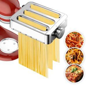 3-in-1 메탈 파스타 메이커 부착물, 모든 키친에이드 스탠드 믹서와 호환되며 롤러, 페투치 커터, 스파게티 커터가 포함되어 있어 신선한 홈메이드 파스타를 쉽게 만들 수 있습니다