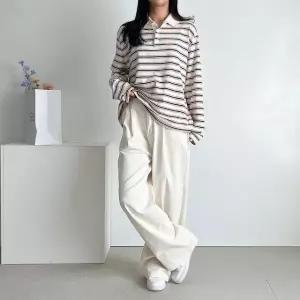 여성 단가라 카라넥 긴팔티 루즈핏 스트라이프 티셔츠 (WFJSPGM)