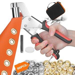 헤비 듀티 그로밋 툴 키트, 3/8인치 10mm(내경) 휴대용 아일렛 프레스 플라이어, 금과 은으로 된 500pcs 실버 그로밋, 하드 쉘 케이스가 있는 플라이어 키트