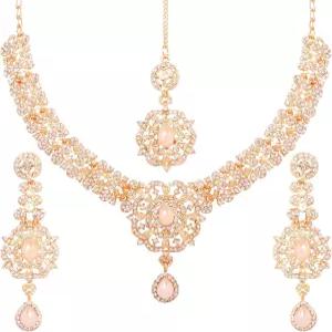 여성 골드 웨딩 티카 목걸이를 위한 터치스톤 인디언 주얼리 세트 게스트 코스튬 화려한 신부 라인스톤