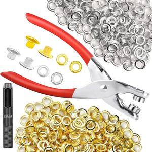 640Pcs 그롬 공구 키트(아일렛 플라이어 포함), NXTOV 1/2인치 12mm(내경) 그롬렛 키트(워셔 홀 펀치 핸드 프레스 키트(실버 160세트 + 골드 160세트)