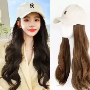 일체형 모자 웨이브 긴머리 가발 R볼캡 브라운블랙 (WFK9AGH)