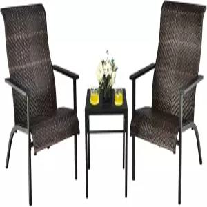 탱쿨라 3피스 파티오 비스트로 가구 세트 커피 테이블이 있는 PE 라탄 의자 높은 등받이와 녹슬지 않는