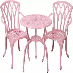 GXOUTAL 3피스 캐스트 알루미늄 파티오 비스트로 세트 의자 2개와 테이블(핑크)이 있는 야외 방청 가구