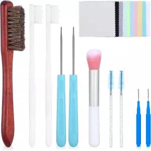 Ptwola 20개 주얼리 클리닝 키트 클리너 브러시 도구 세트 10개 포함 폴리싱 천 큰 작은 구멍 틈새 및 결혼