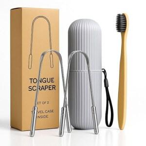 혀 스크레이퍼 세트 u2013 대나무 칫솔과 숯 칫솔 및 여행 케이스 u2013 남녀용 일일 구강 위생 도구(스테인리스 스틸, 2팩), 구취 줄이기, 혀 스크러버