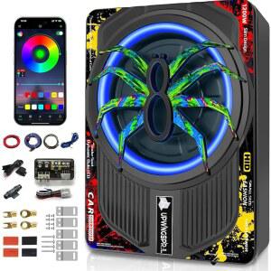 업윙스파이럴 1200W 10인치 자동차 서브우퍼, 슬림 언더시트 전동 서브우퍼 및 RGB 비트 동기화 조명, 고/저레벨 입력, 자동차/트럭 오디오 서브 내장 앰프 콤보 패키지