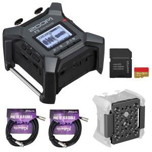 [포르르] 64gb 마이크로sdxc 메모리 카드가 포함된 프로 필드 키트 번들, zoom f3 및 xlr-p20t 20피트 xlr 마이크 케이블 장착 플레이트가 2입력/2트랙 휴대용 레코더