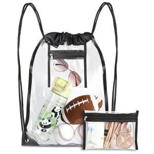 RunaFun 클리어 드로스트링 백, 17x13인치 투명 백팩, 경기장 승인 콘서트 야구 페스티벌 비치 메이크업 짐 가방 1, 블랙