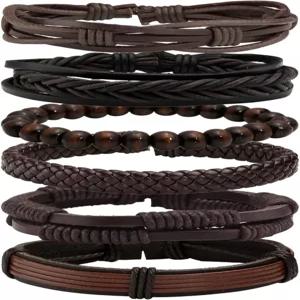 밀라쿠 남성 펑크 땋은 가죽 팔찌 6개 여성 커프 랩 손목밴드 조절가능