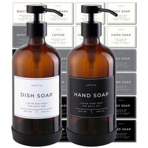 스테인리스 스틸 펌프가 장착된 베루트 16온스 유리 비누 디스펜서, 21개의 방수 라벨, 미끄럼 방지 실리콘 패드, 욕실 및 주방용 2개 세트(앰버 보틀/블랙 펌프)