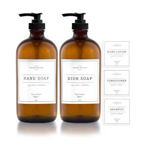 바인 크리에이션 앰버 유리 비누 디스펜서, 녹슬지 않는 펌프가 포함된 2팩 주방 방수 라벨이 있는 욕실용 식기 및 핸드 디스펜서 16온스