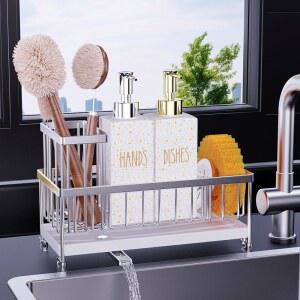 시실리 접시 비누 디스펜서, 스펀지 홀더가 있는 12온스 주방 스테인리스 스틸 펌프 유리 디스펜서 세트, 핸드 앤 병 장식 액세서리