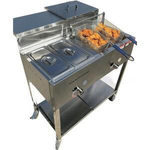 2개의 바구니가 있는 딥 프라이어 카트 | 3갤런 단일 탱크 2팬 스팀 테이블 휴대용 4륜 스테인리스 스틸 치킨, 생선 등을 위한 야외 프로판 튀김 상업용 및 가정용