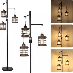 거실용 에어포스타 조광식 바닥 램프 목재 및 금속 케이지가 있는 3라이트 산업용 침실 사무실용 농가