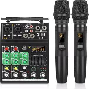 무선 마이크가 있는 XTUGA BT4 노래방 믹서 4채널 오디오 사운드 보드 콘솔 MP3 블루투스 48V 팬텀 파워