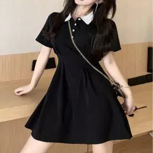 반팔미니 단추 카라 원피스 배색 반팔 A라인 하트 하객 블랙 여성미니