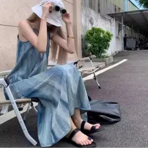 브이넥원피스 스트라이프원피스 반팔롱원피스 슬리브리스원피스 휴가룩