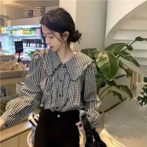 [하프클럽/]여성 루즈핏 빅카라 체크패턴 러블리 긴팔블라우스