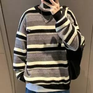 [프로셀러] 남성 니트 배색 라운드넥 오버핏 긴팔티셔츠 남친룩