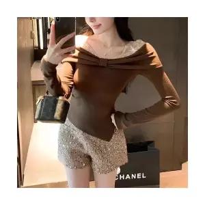 엘럽 여성용 롱루즈핏티 레드 레이스 오프숄더 티셔츠 가을 겨울 숏 이너 상의 박템4