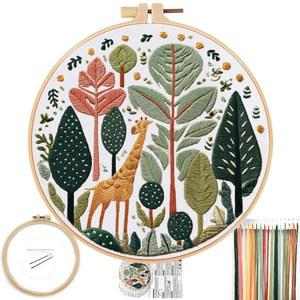 초보자를 위한 포누이 기린 프리스탬프 자수 패턴, 보호 니들포인트 키트 크로스 스티치 공예 바느질 풀 니들 및 스레드 후프 키트(기라페 04)