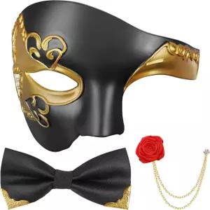 할로윈 마디 그라 파티를 위한 오페라 가면의 유령 남성용 하이퍼펀 체험 가면 보우티 브로치와 함께