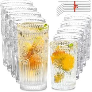 Lvtrupc 10Pc 빈티지 음용 안경 - 로맨틱 하이볼 락스 워터 커피 주스 칵테일용 스트라이프 유리 텀블러 컵