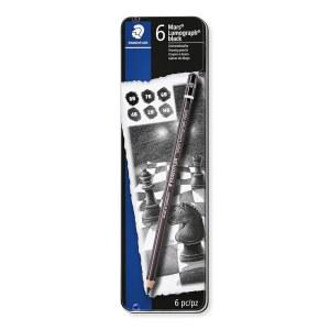 스테들러 마스 루모그래프 블랙, 카본 블렌드, 제트 블랙 라인, 전문가용 아트 연필, 6가지 모듬 스케치 연필 통, 100B G6 제공