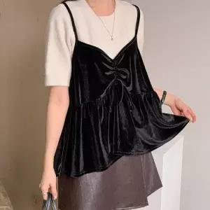 [신세계라이브쇼핑][옷자락] 여자 겨울 벨벳 벨로아 리본 셔링 빅사이즈 뷔스티에