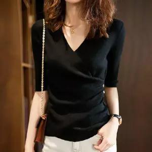 여성 상의 7부 반팔 브이넥 니트 티셔츠 블랙 여름니트 7부니트 여름니트티