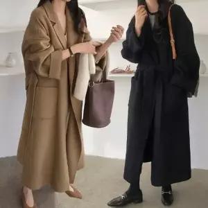 오버핏 가을 겨울 도톰 모직 허리스트랩 모던 롱코트