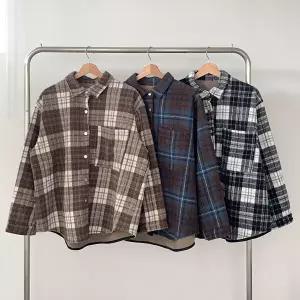 여성 빅 아방핏 양털 안감 언발란스 힙커버 체크 셔츠