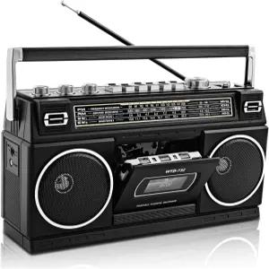 카세트 플레이어 레코더가 장착된 레트로 클래식 80년대 스타일의 휴대용 붐박스 AM /FM /SW1 /SW2 라디오