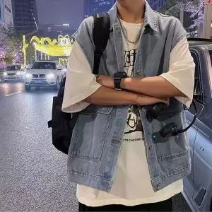 [하프클럽/]공항 패션 해외 여행 룩 데님 베스트 청 조끼 남성