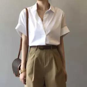 [하프클럽/]흰색 반팔 롤업 여성 여름 직장 정장 심플 반팔셔츠