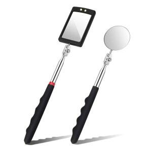 [미국배송] 플레펫 2피스 망원경 검사 거울 원형 및 정사각형 LED 조명 차량 점검용 유연한 도구 정비용 자동차 거울