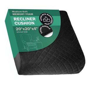 컴포트안자 미디엄 소프트 20x20x4 메모리 폼 리클라이너 의자 시트 쿠션 - 세탁 가능한 벨벳 커버와 방수층 및 미끄럼 방지 베이스가 있는 암체어 패드 노인용 블랙