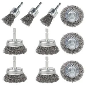 드릴용 10팩 와이어 브러시 탄소강 휠 컵 녹 박리 및 연마용 1/4인치 육각 생크가 포함된 펜 세트