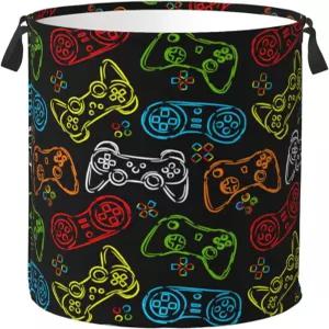 Jbofee 컬러풀 게임 조이스틱 실루엣 방수 라이너 세탁 바구니 가방 욕실 침실 보육원 원형 접이식 옷 보관