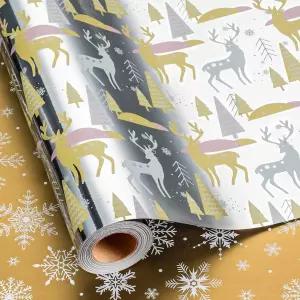 플라이힐 리버서블 실버 크리스마스 포장지 롤17인치 X 33피트 홀리데이 파티 축하를 위한 금색 눈송이