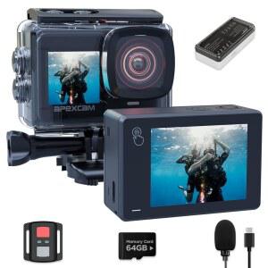 Apexcam 듀얼 스크린 액션 캠 4K60FPS 8배 줌 EIS 48MP, 64GB 카드 울트라 HD WiFi 스포츠 카메라 수중 40m 방수 2.4G 리모컨 2x1350mAh 배터리 포함