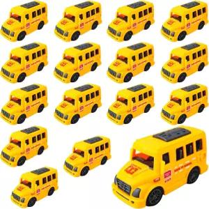 코나겔 16개 3.9인치 미니 스쿨버스 장난감 생일 파티 용품용 플라스틱 밝은 노란색 버스 모델 자동차 반납