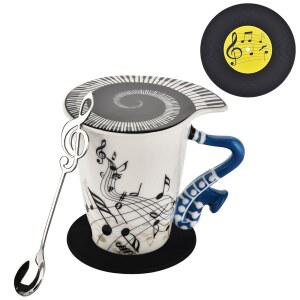 12.9온스 색소폰 노블리티 머그컵 독특한 음악 노트 디자인 티 커피 밀크 세라믹 머그컵과 시원한 테마 뚜껑, 스푼앤코스터, 뮤지션 선물, 남성, 여성, 교사, 블루를 위한 애호가 선물